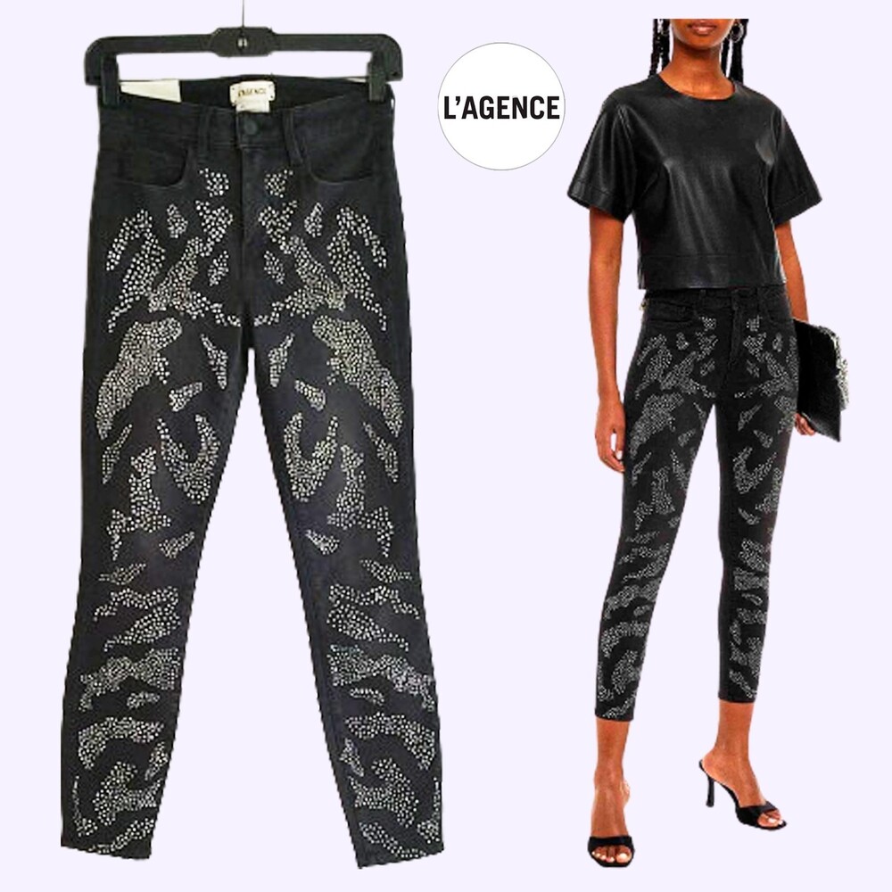 L'AGENCE NEW MARGOT Crystal Stud Leopard High Rise Skinny Jeans 25